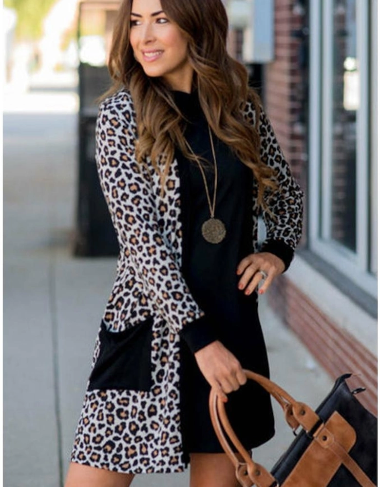 Black Leopard Patched Pocket Open Front Cardigan