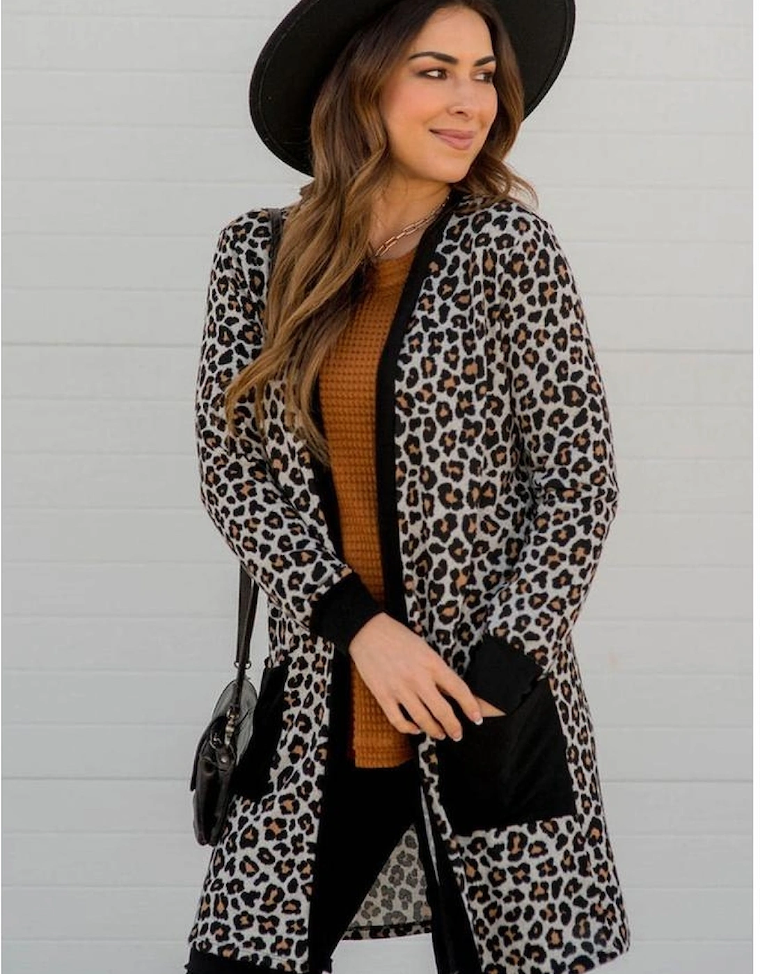 Black Leopard Patched Pocket Open Front Cardigan