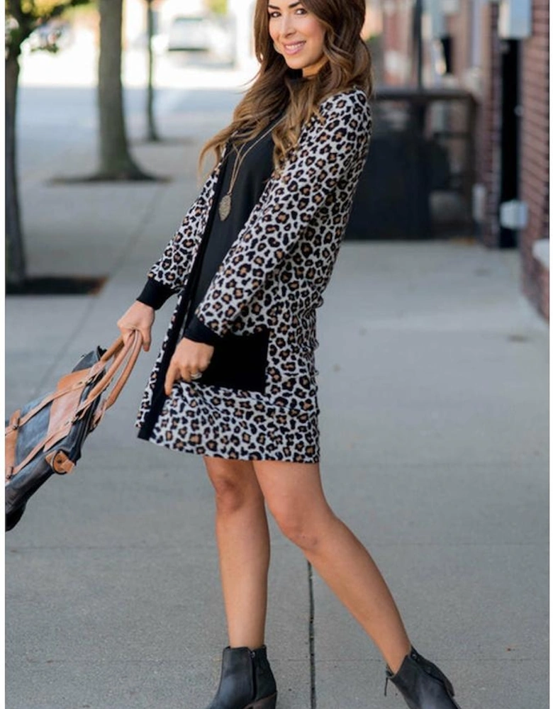 Black Leopard Patched Pocket Open Front Cardigan
