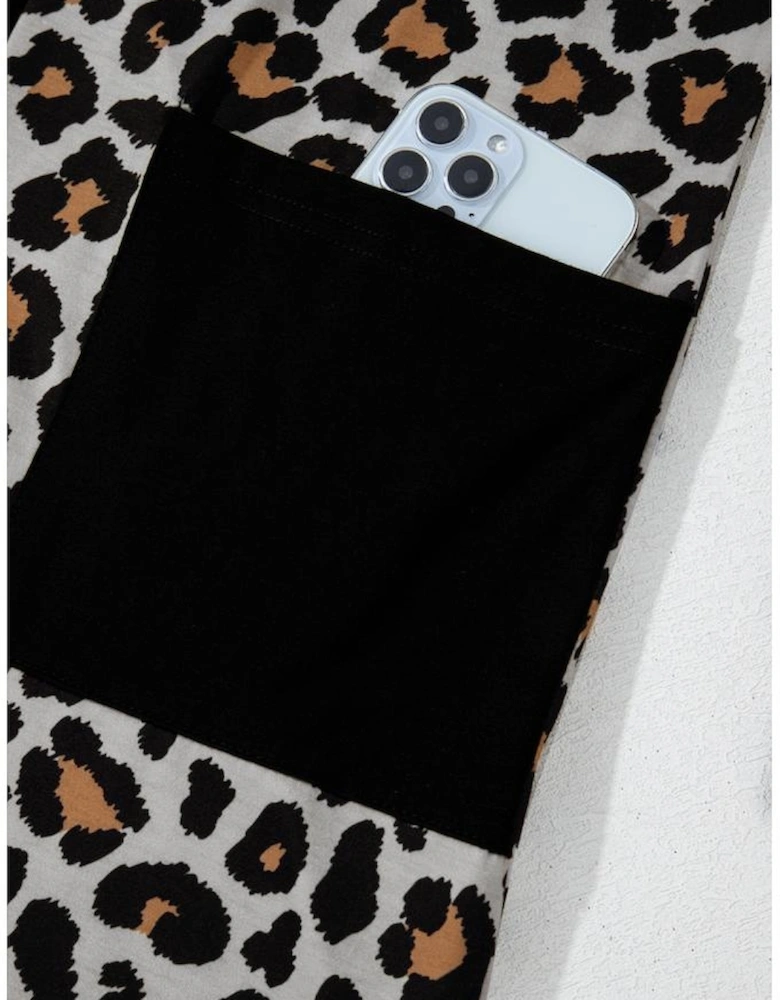 Black Leopard Patched Pocket Open Front Cardigan