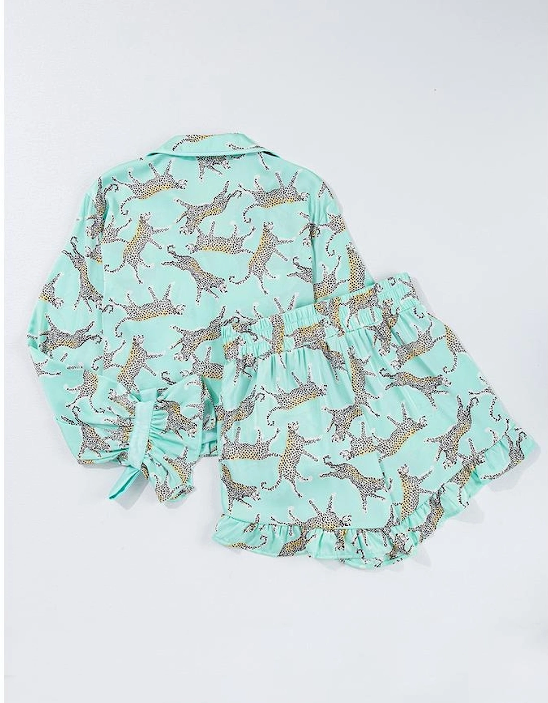 Green Leopard Satin Ruffle Pajama Short Set