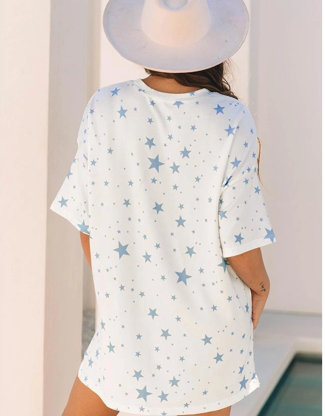 Sky Blue Stars Print Drop Shoulder Oversized T Shirt with Slits, 16 of 15