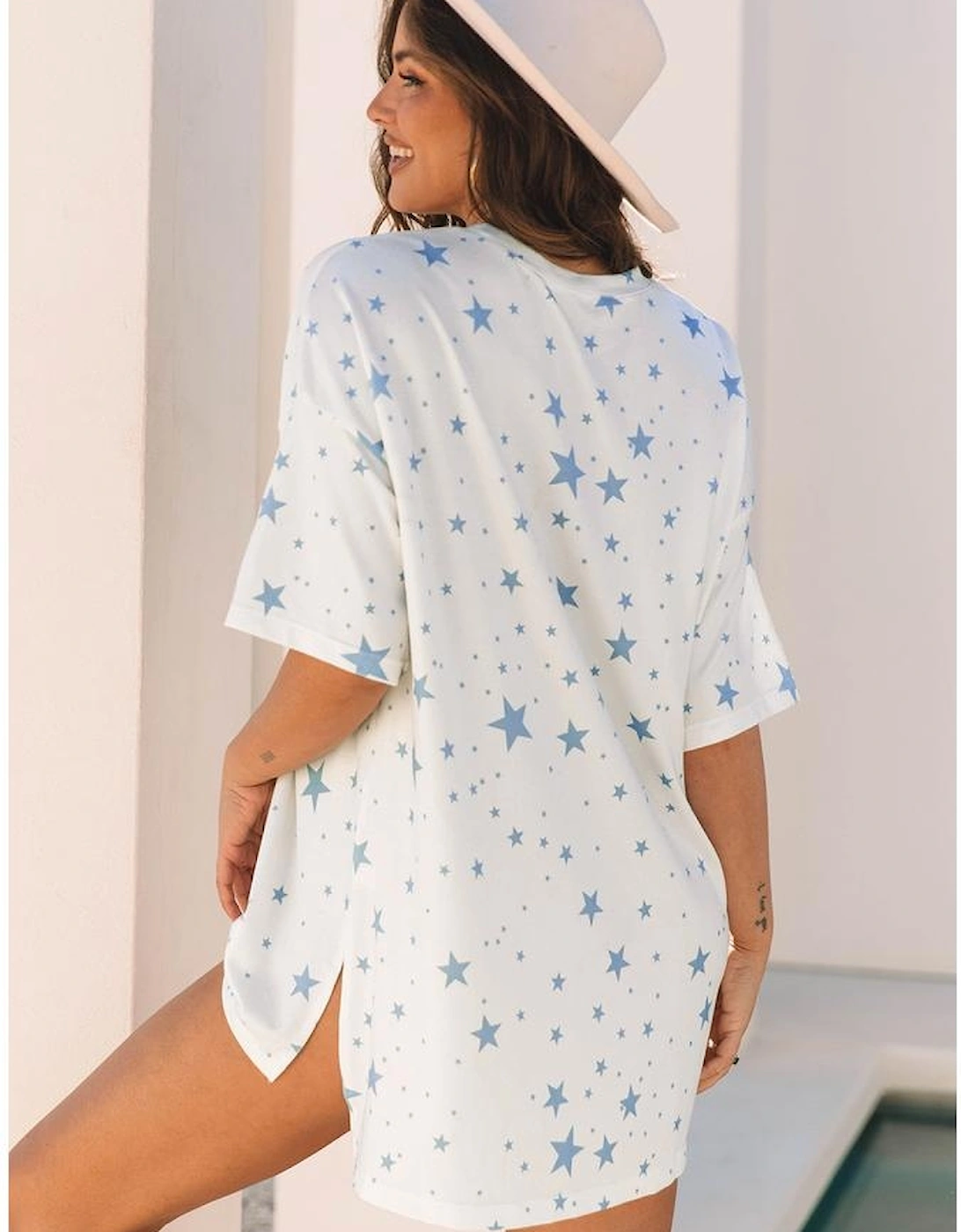 Sky Blue Stars Print Drop Shoulder Oversized T Shirt with Slits
