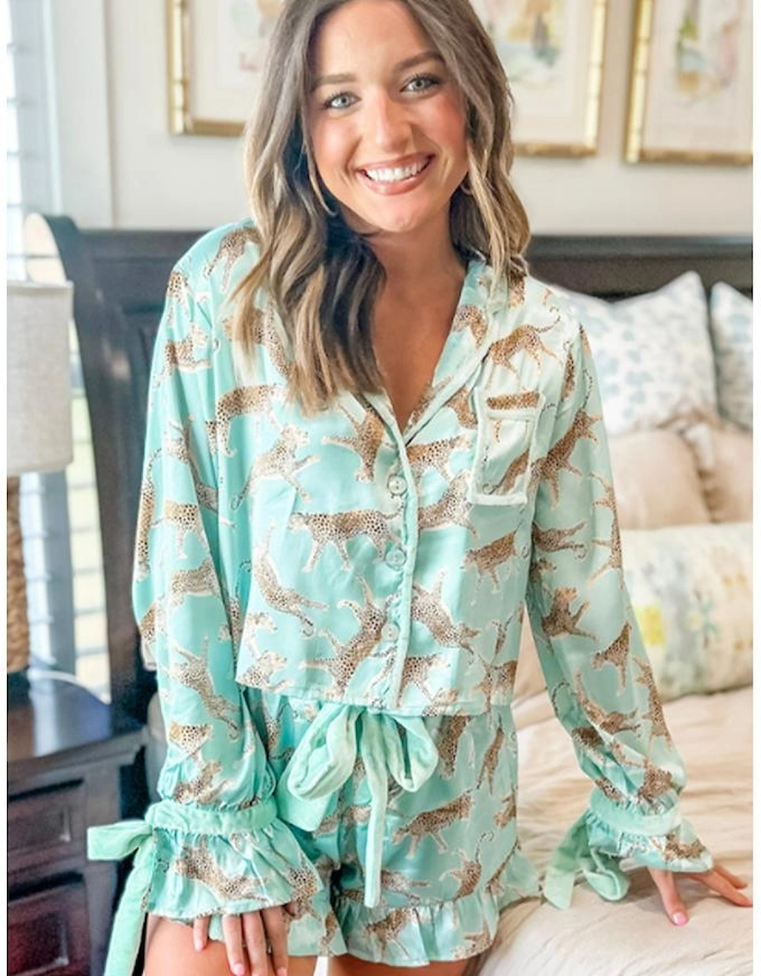 Green Leopard Satin Ruffle Pajama Short Set, 16 of 15