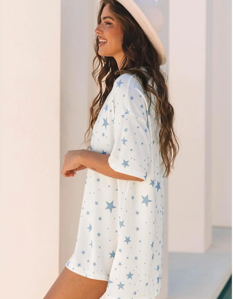 Sky Blue Stars Print Drop Shoulder Oversized T Shirt with Slits