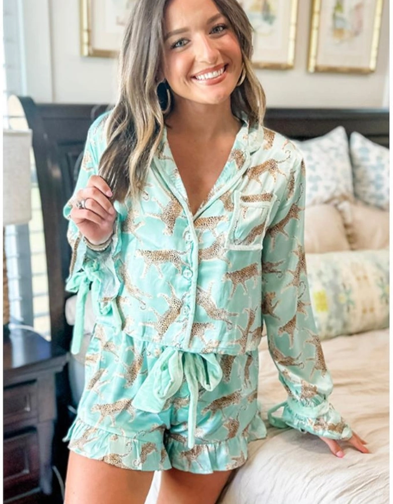 Green Leopard Satin Ruffle Pajama Short Set