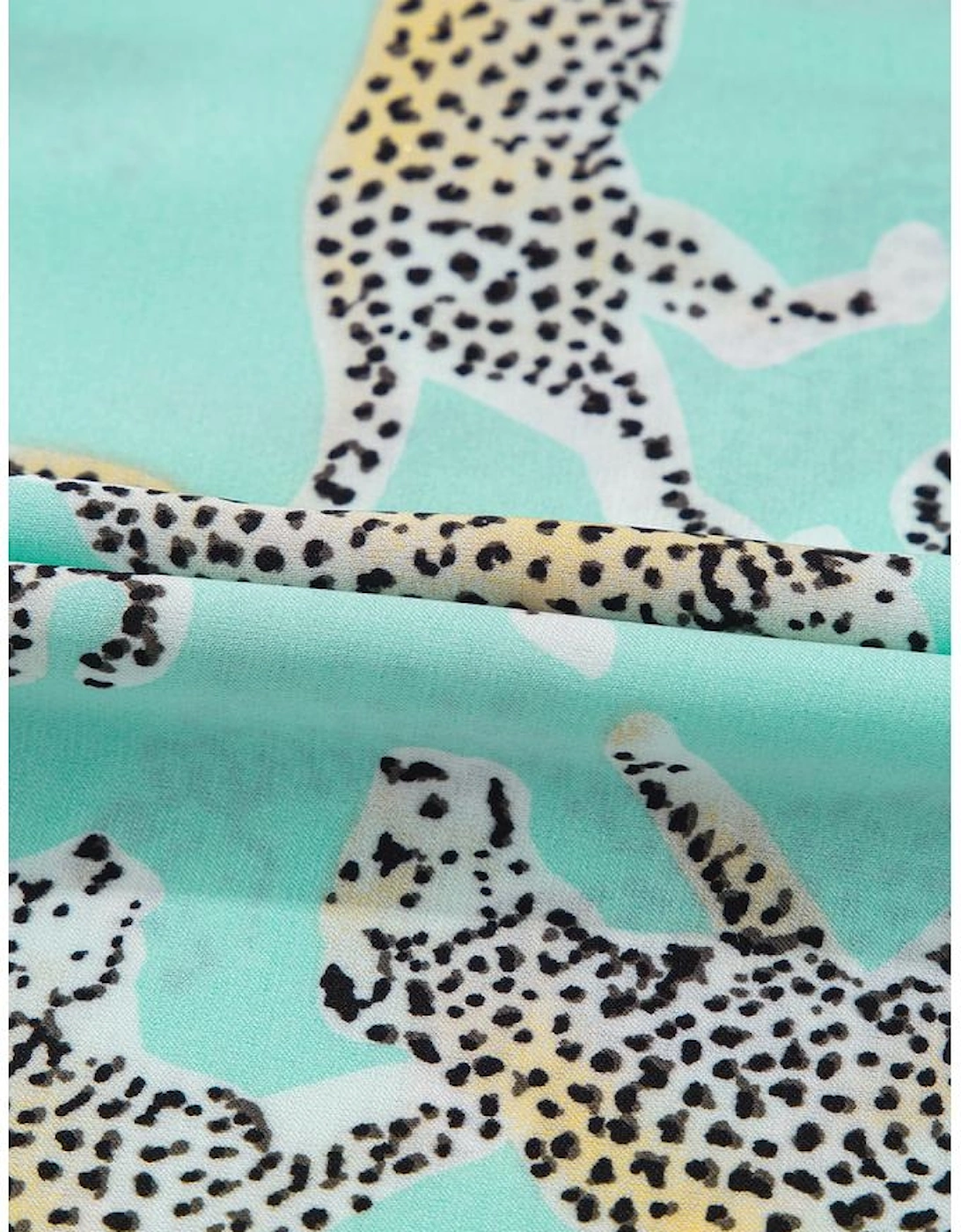 Green Leopard Satin Ruffle Pajama Short Set