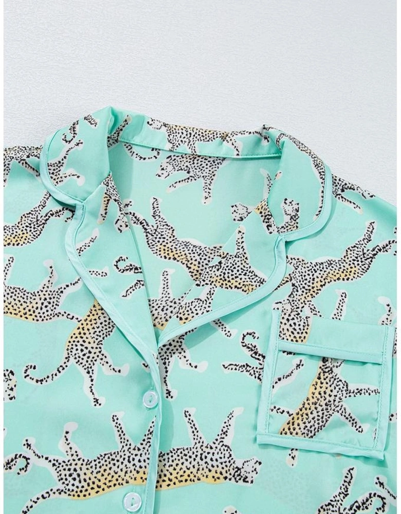 Green Leopard Satin Ruffle Pajama Short Set