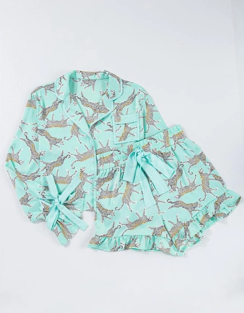 Green Leopard Satin Ruffle Pajama Short Set