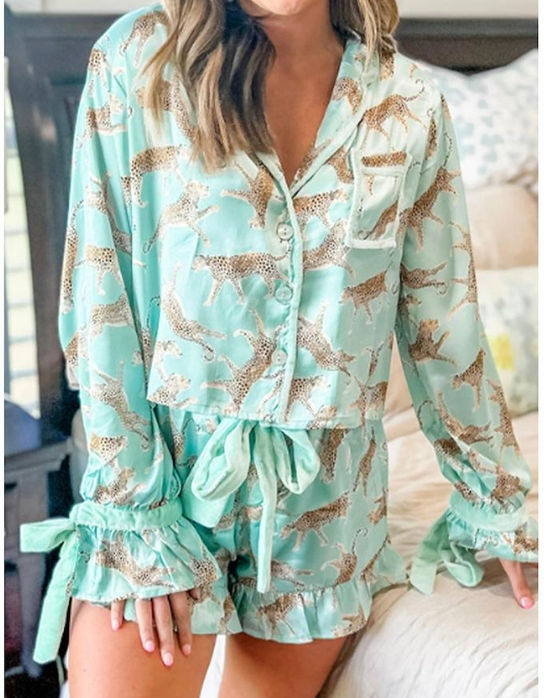 Green Leopard Satin Ruffle Pajama Short Set