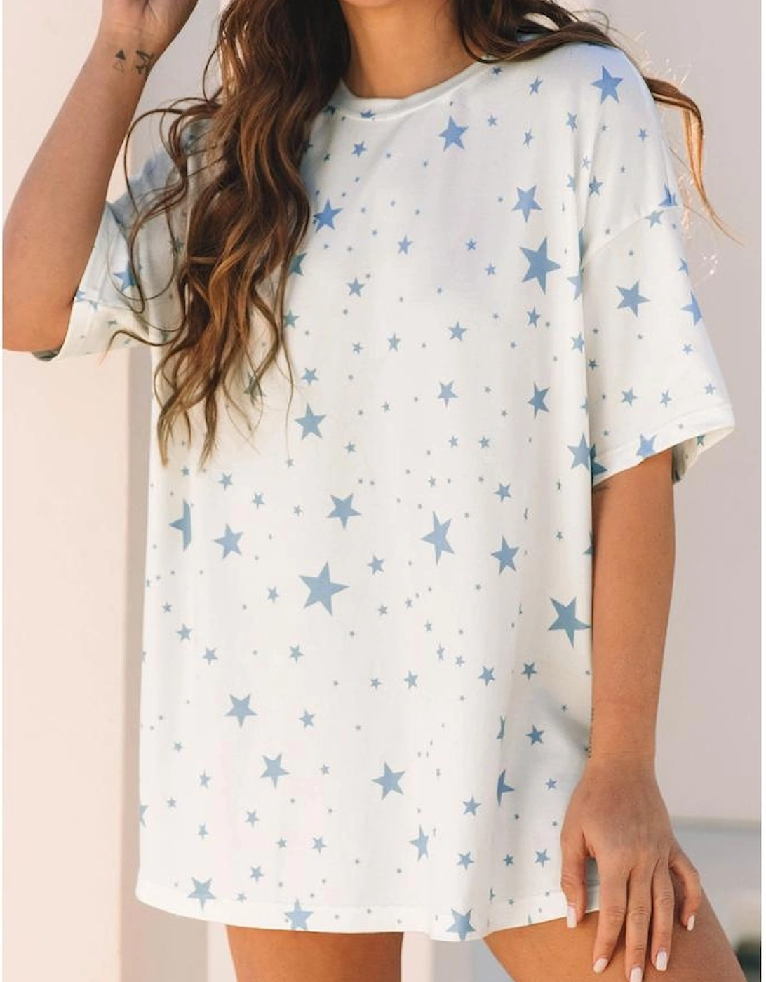 Sky Blue Stars Print Drop Shoulder Oversized T Shirt with Slits