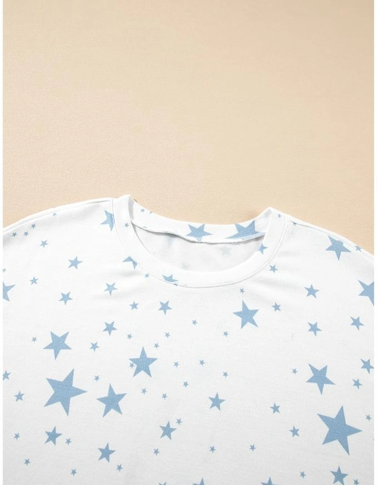 Sky Blue Stars Print Drop Shoulder Oversized T Shirt with Slits