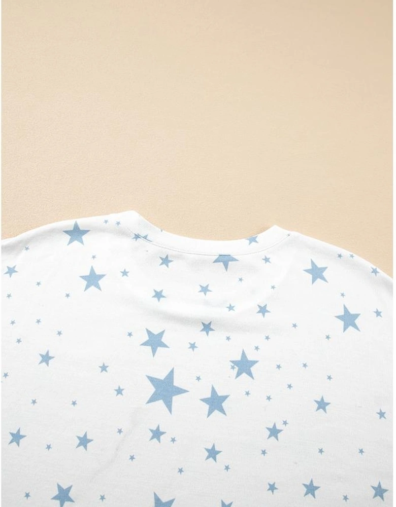 Sky Blue Stars Print Drop Shoulder Oversized T Shirt with Slits