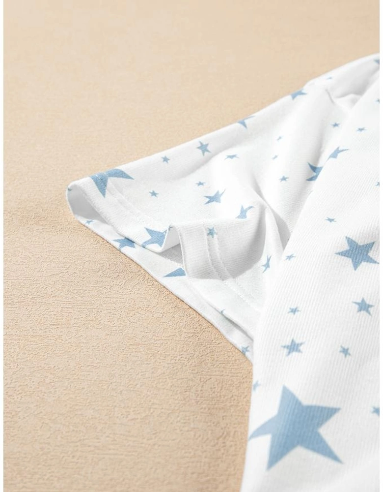 Sky Blue Stars Print Drop Shoulder Oversized T Shirt with Slits