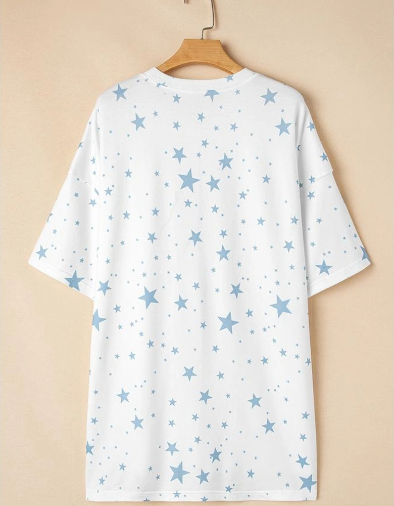 Sky Blue Stars Print Drop Shoulder Oversized T Shirt with Slits