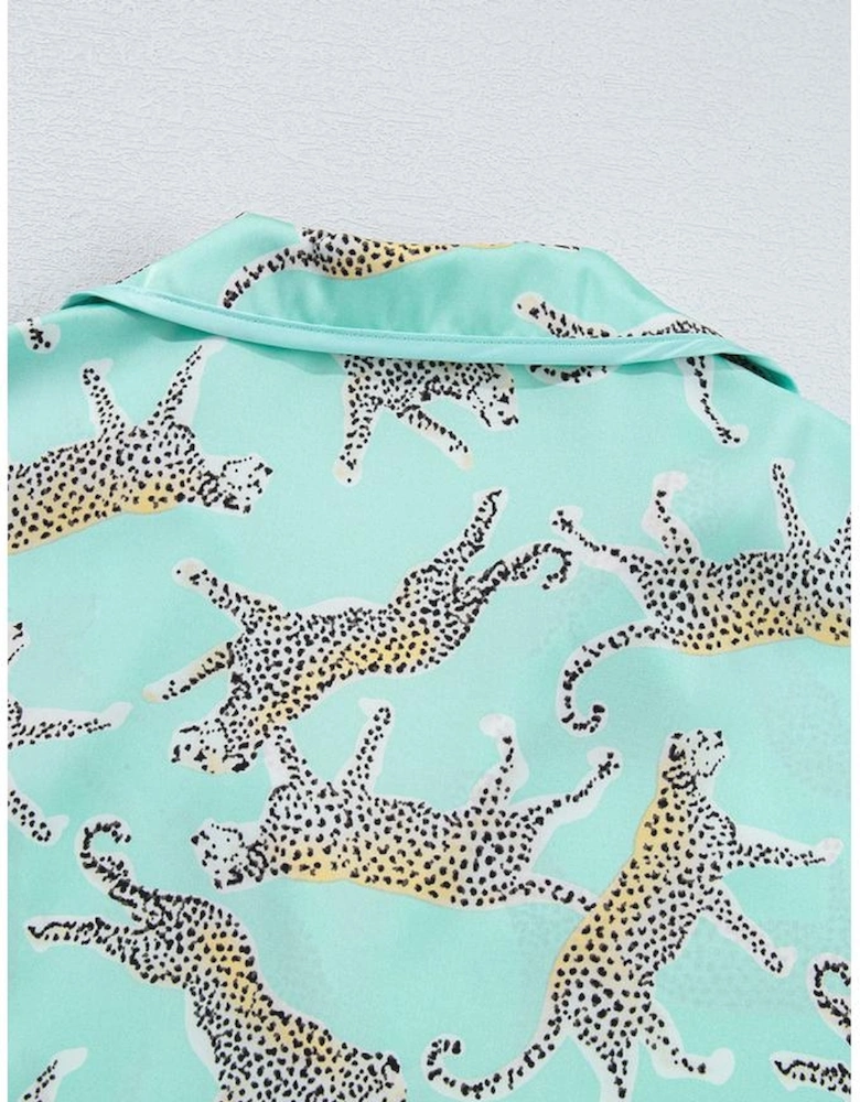 Green Leopard Satin Ruffle Pajama Short Set