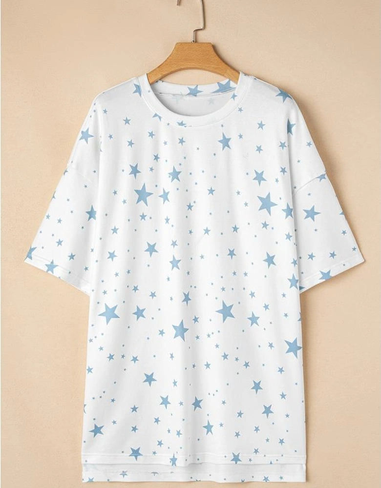 Sky Blue Stars Print Drop Shoulder Oversized T Shirt with Slits