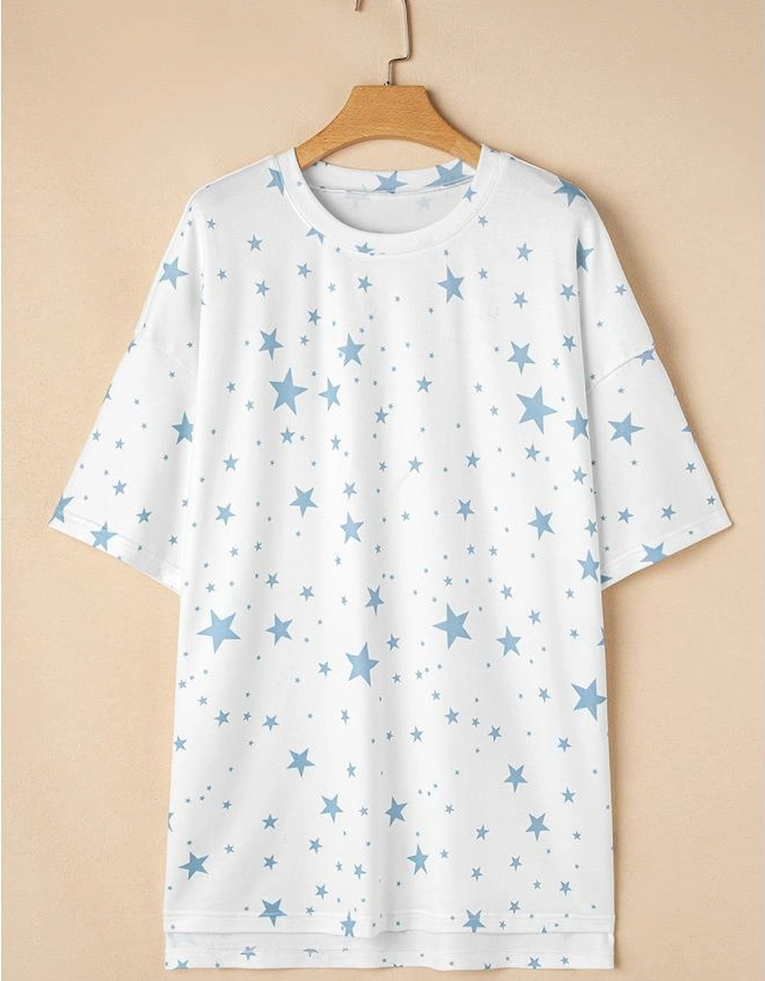 Sky Blue Stars Print Drop Shoulder Oversized T Shirt with Slits