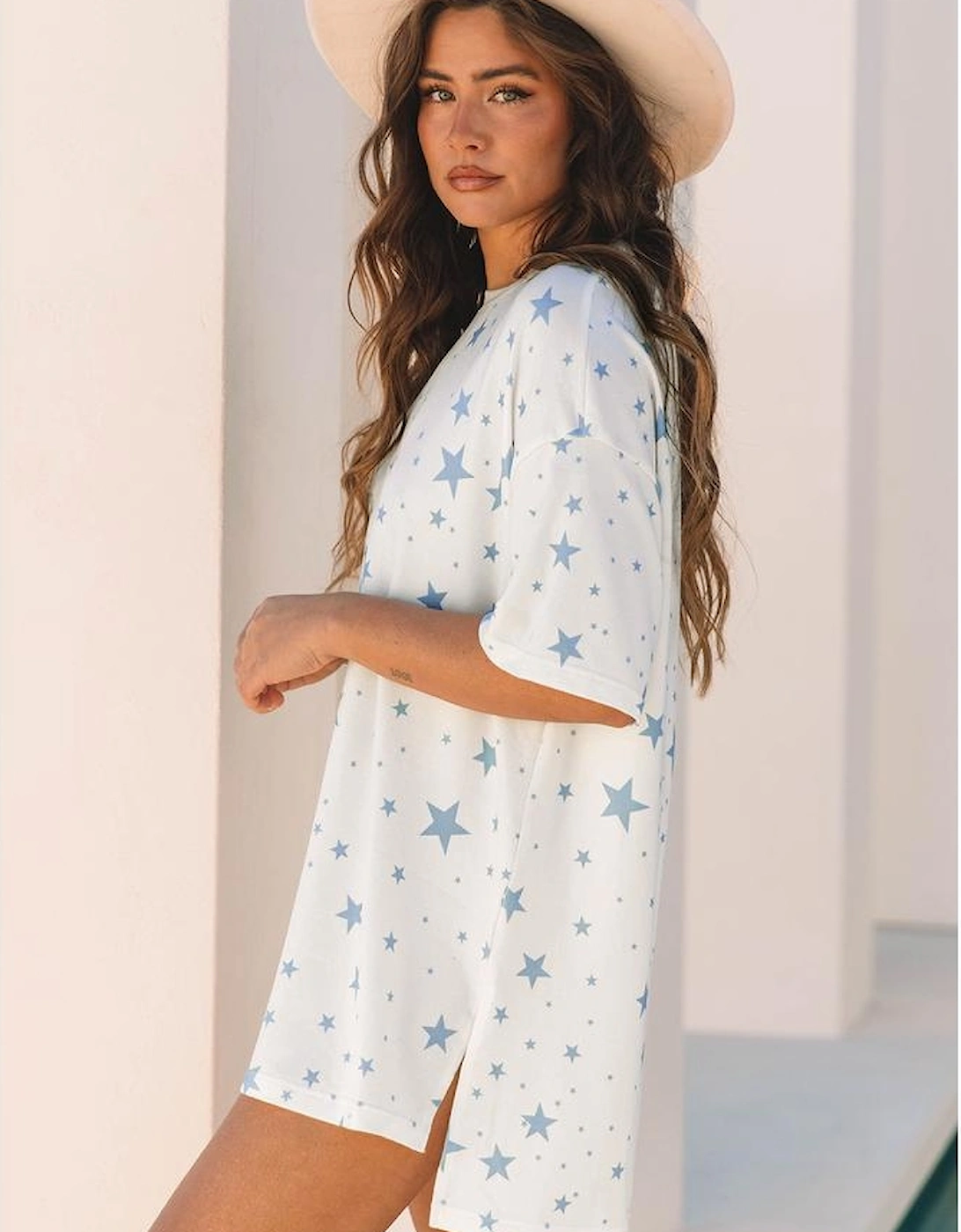 Sky Blue Stars Print Drop Shoulder Oversized T Shirt with Slits