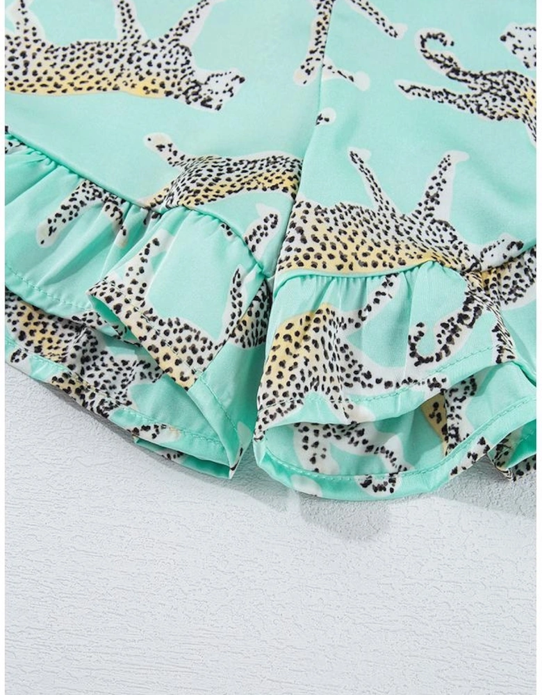 Green Leopard Satin Ruffle Pajama Short Set