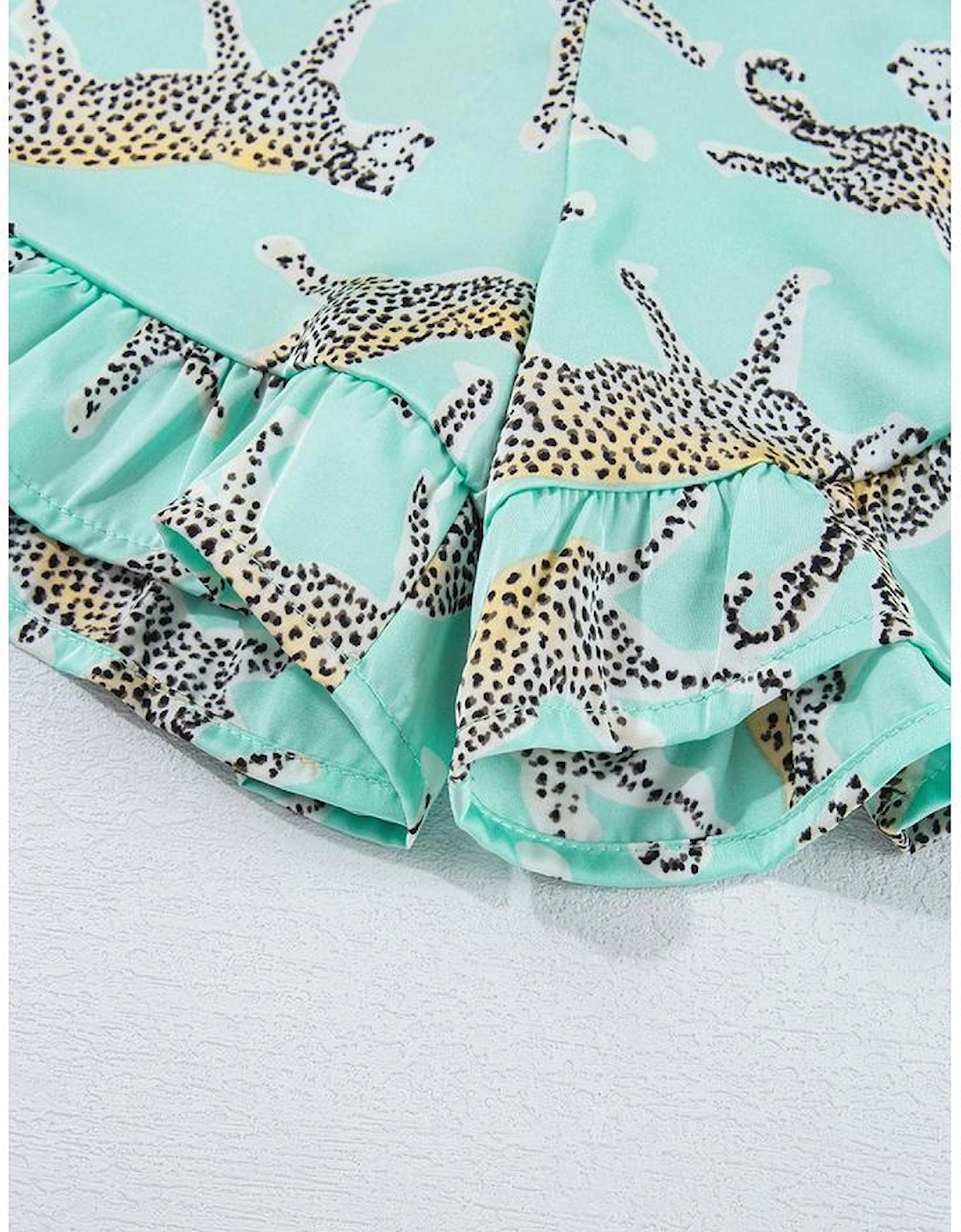 Green Leopard Satin Ruffle Pajama Short Set