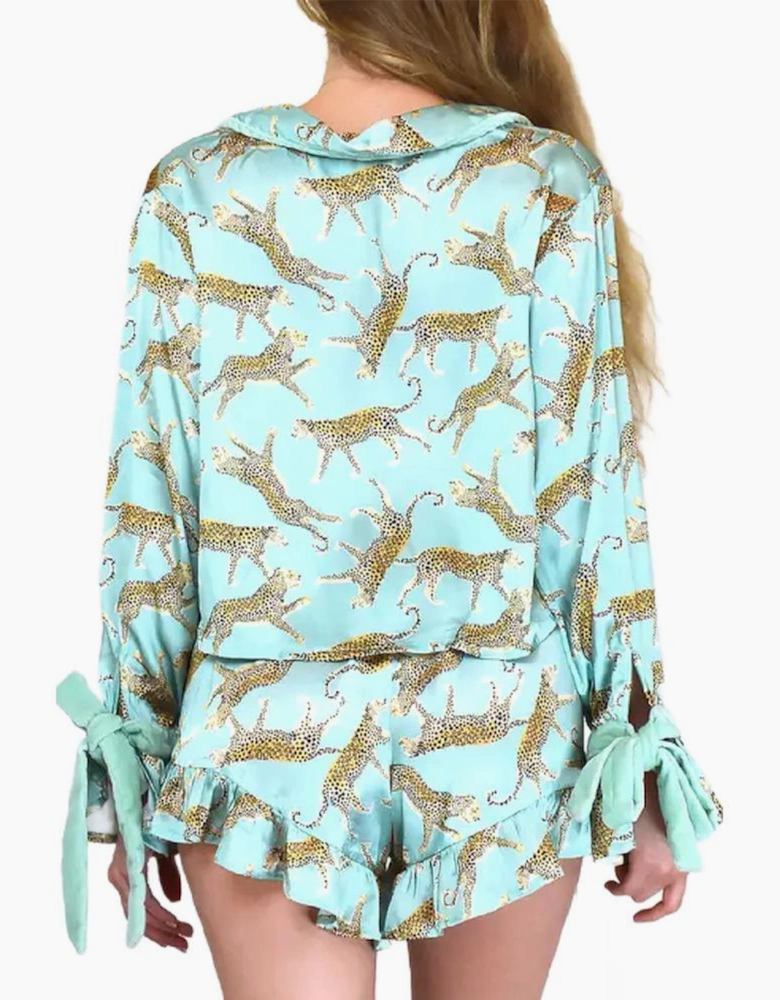Green Leopard Satin Ruffle Pajama Short Set