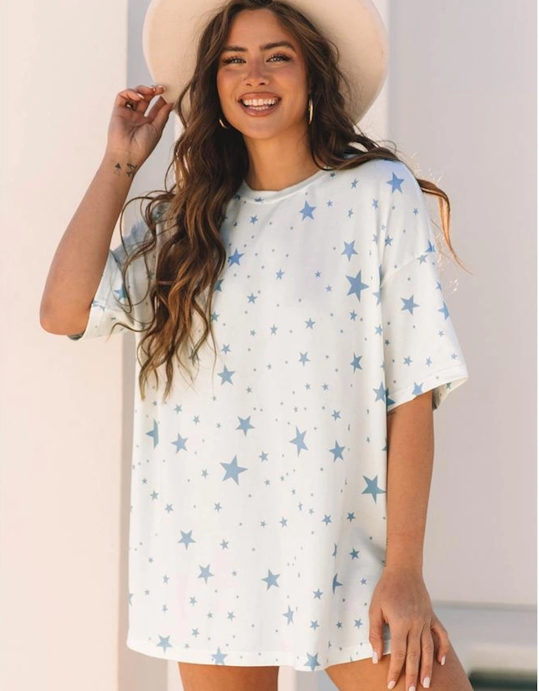Sky Blue Stars Print Drop Shoulder Oversized T Shirt with Slits