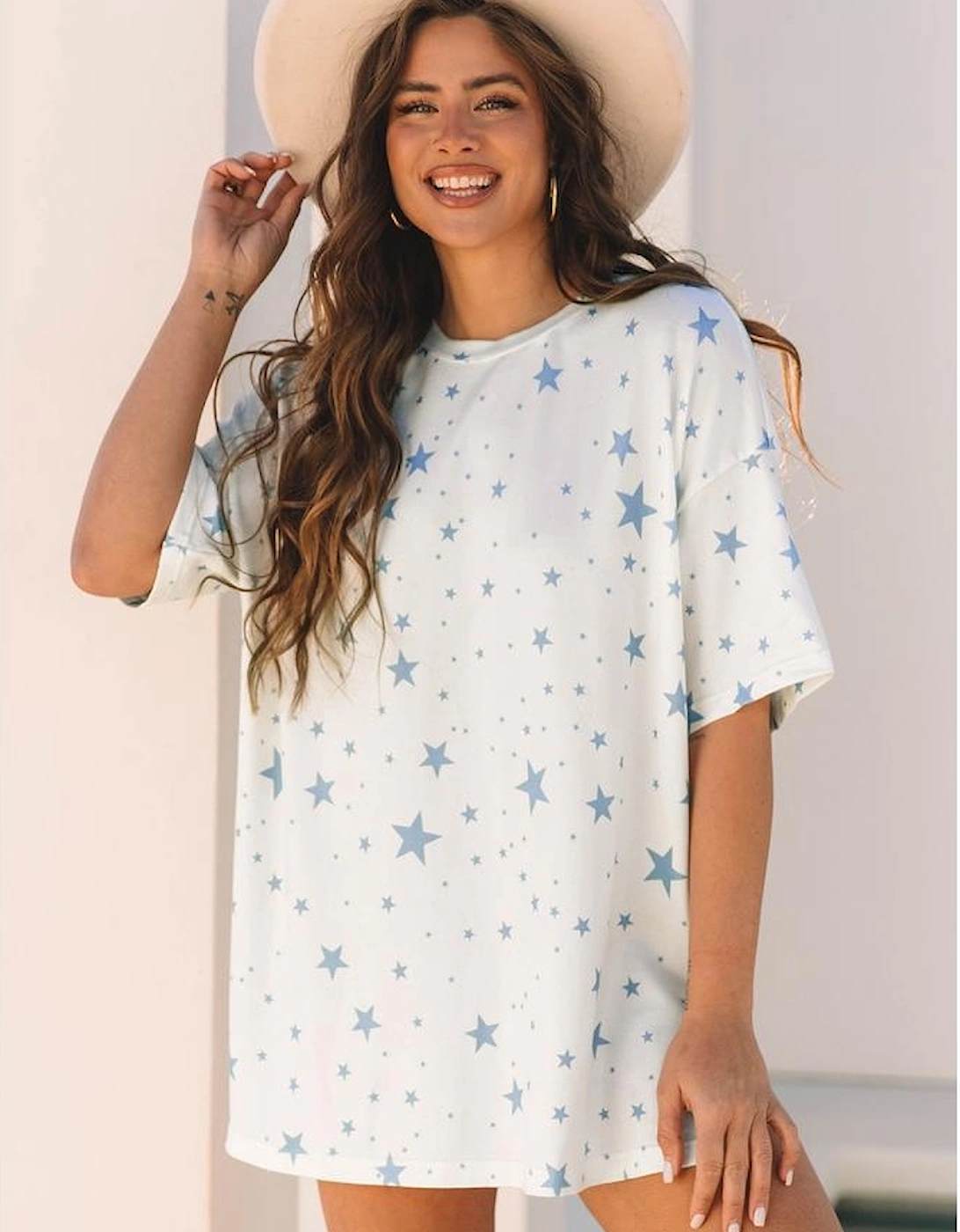 Sky Blue Stars Print Drop Shoulder Oversized T Shirt with Slits