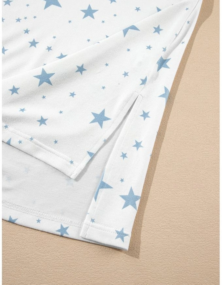 Sky Blue Stars Print Drop Shoulder Oversized T Shirt with Slits