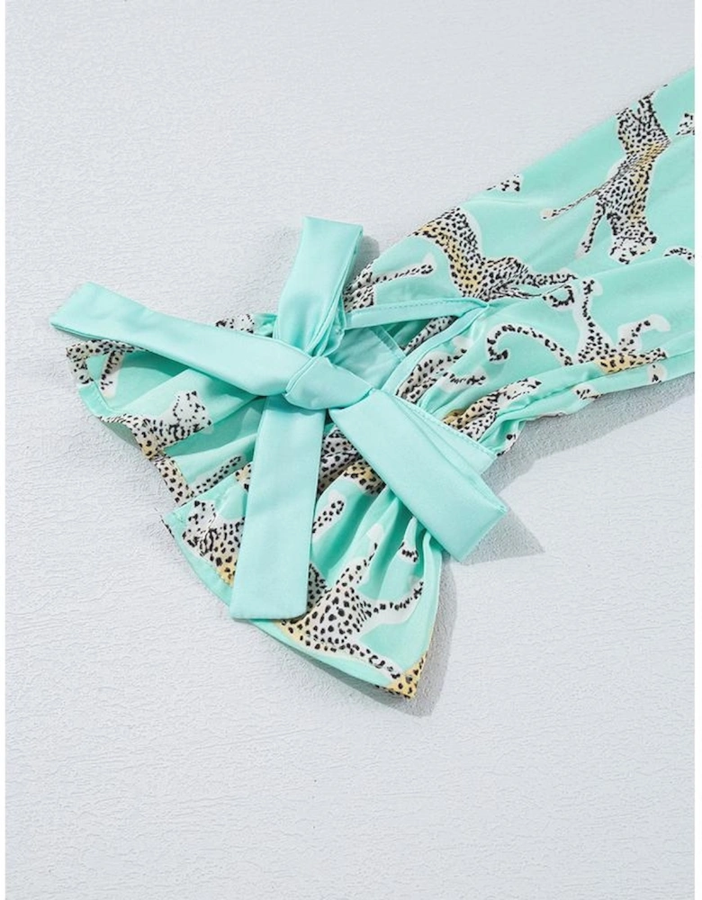 Green Leopard Satin Ruffle Pajama Short Set