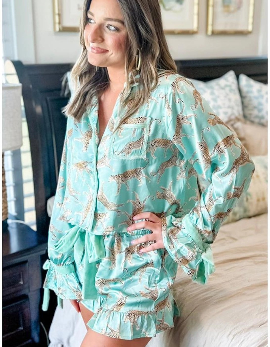 Green Leopard Satin Ruffle Pajama Short Set