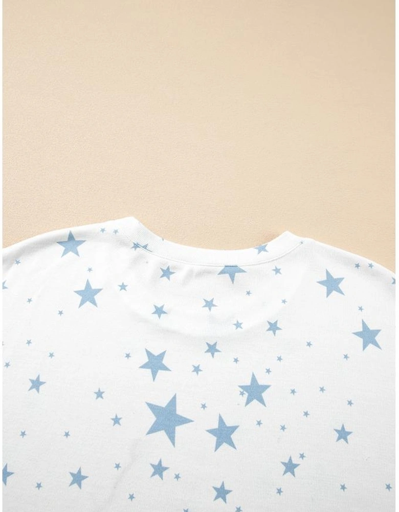 Sky Blue Stars Print Drop Shoulder Oversized T Shirt with Slits