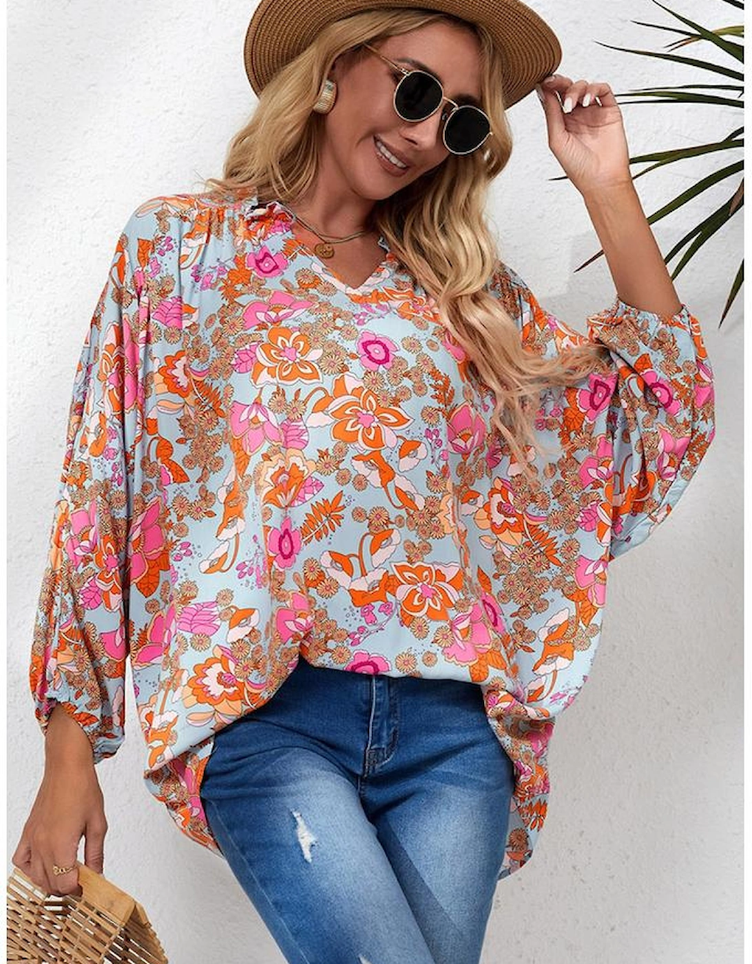 Azura Exchange Floral Print Loose Fit V Neck Blouse