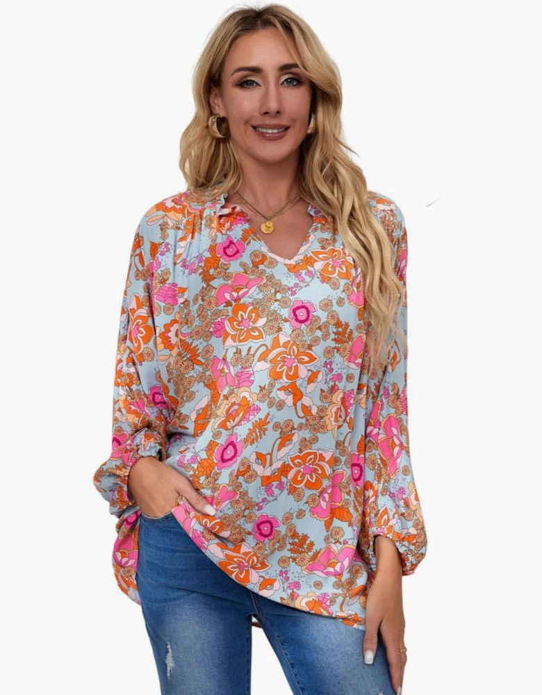 Azura Exchange Floral Print Loose Fit V Neck Blouse