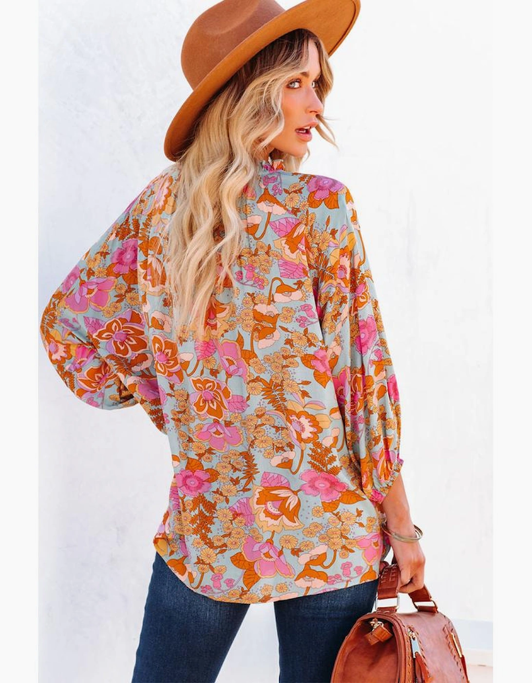 Azura Exchange Floral Print Loose Fit V Neck Blouse