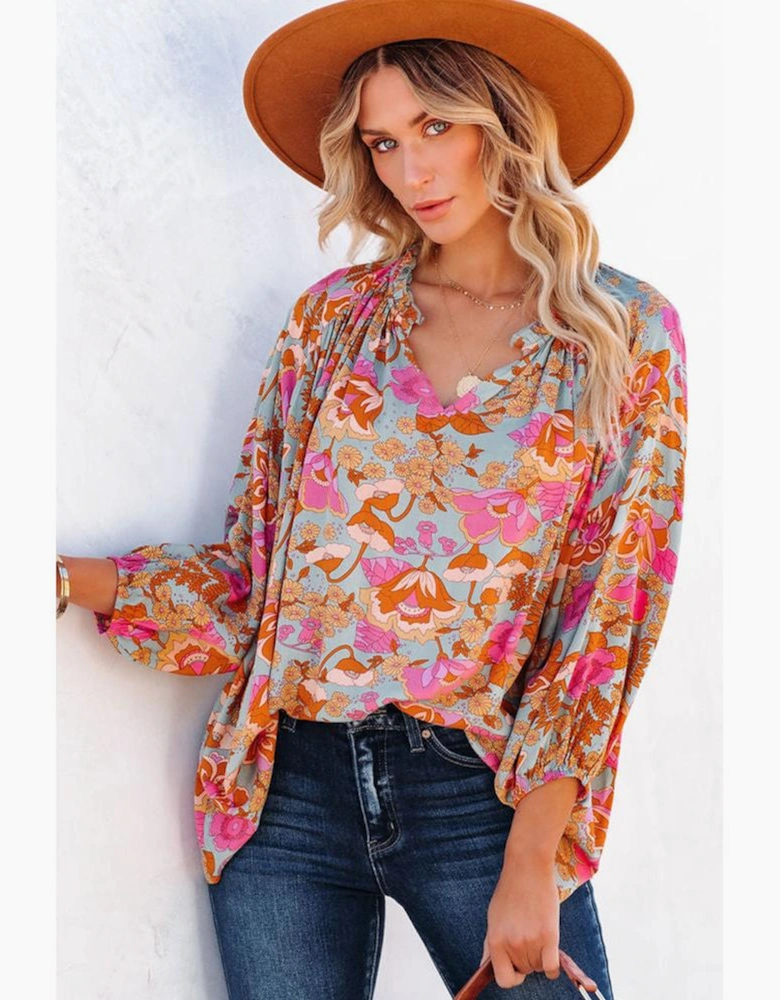 Azura Exchange Floral Print Loose Fit V Neck Blouse