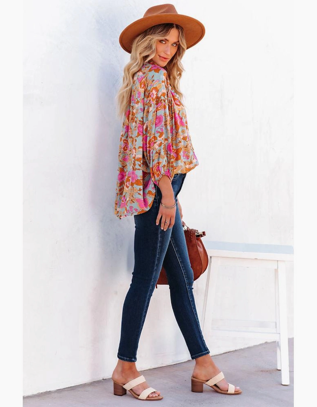 Azura Exchange Floral Print Loose Fit V Neck Blouse