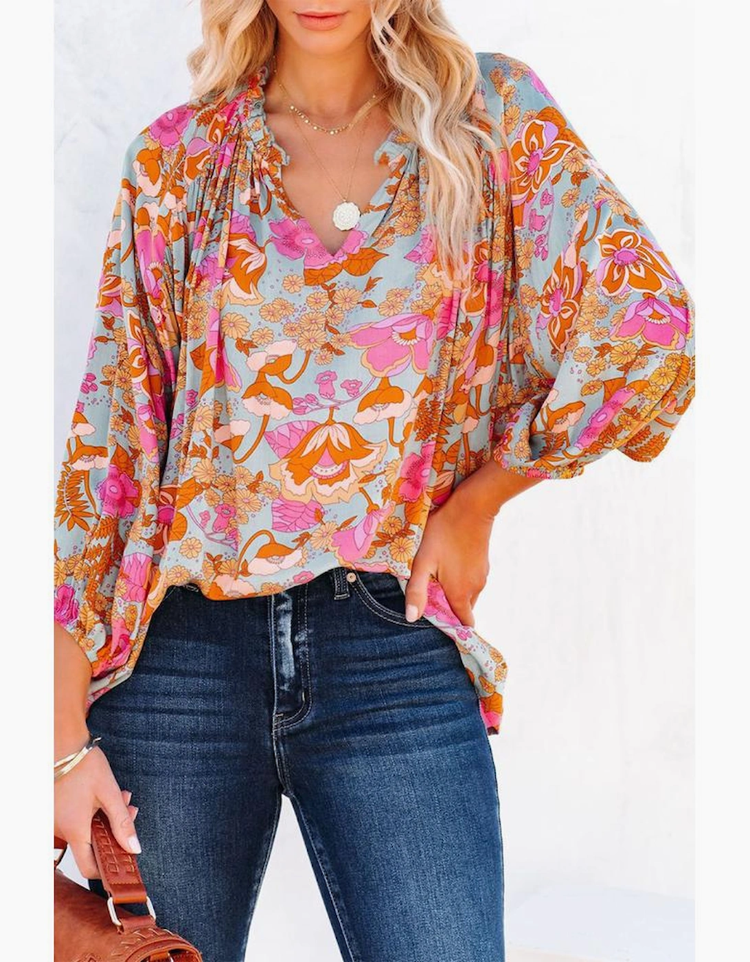 Azura Exchange Floral Print Loose Fit V Neck Blouse