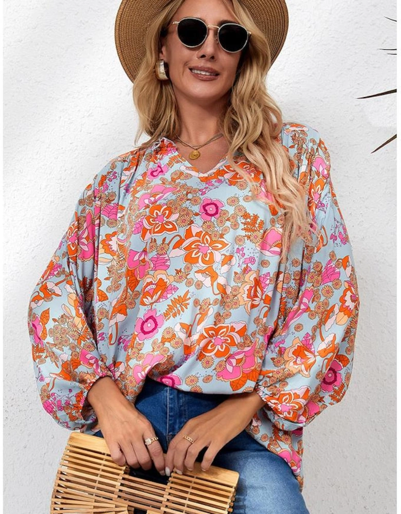 Azura Exchange Floral Print Loose Fit V Neck Blouse