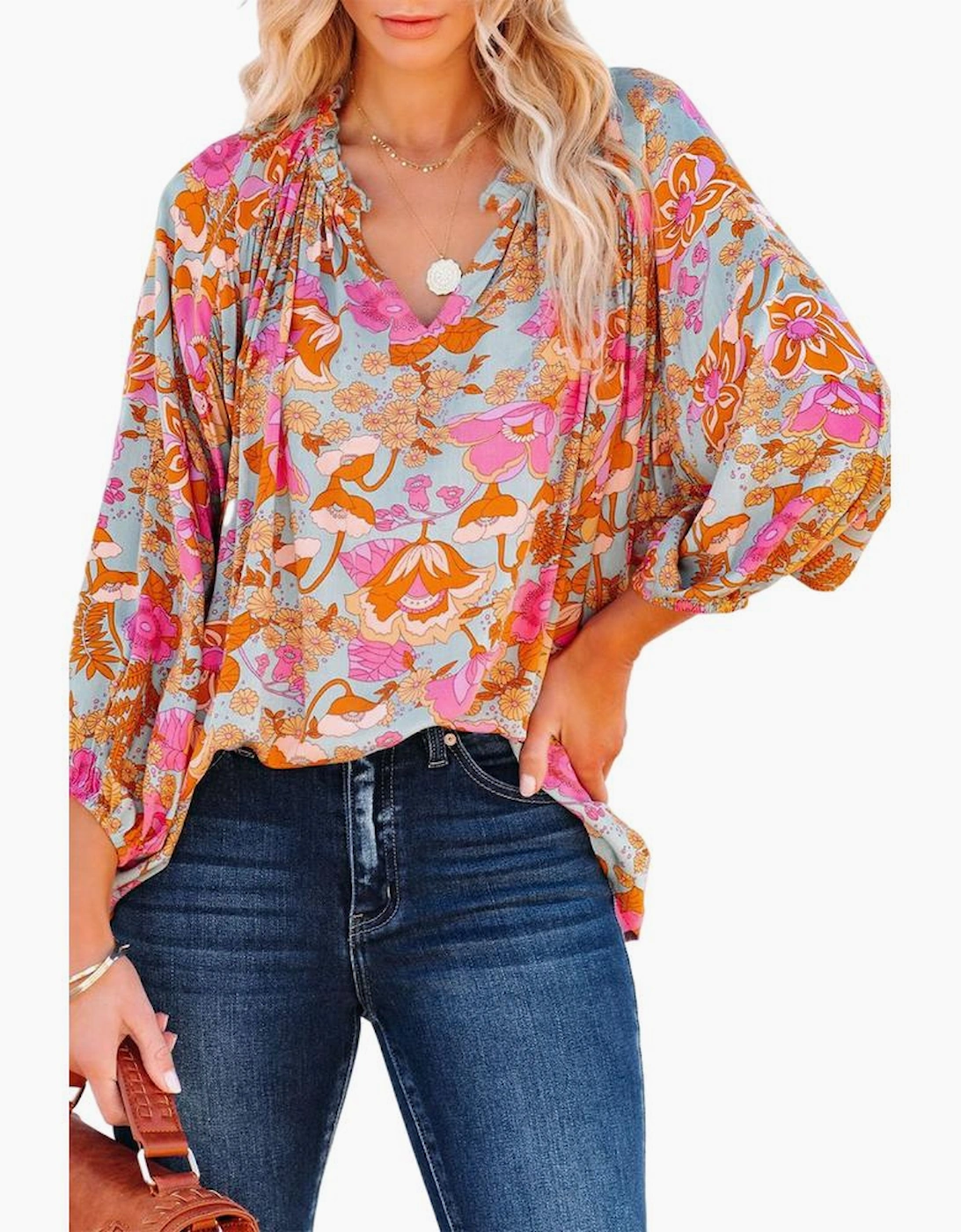 Azura Exchange Floral Print Loose Fit V Neck Blouse