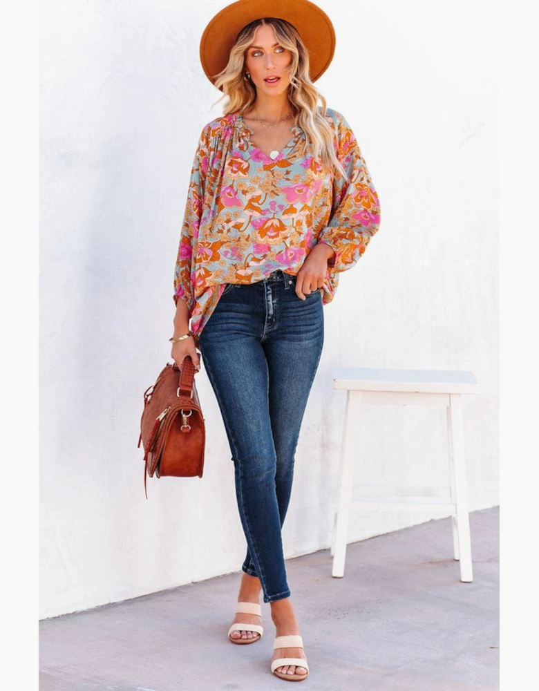 Azura Exchange Floral Print Loose Fit V Neck Blouse