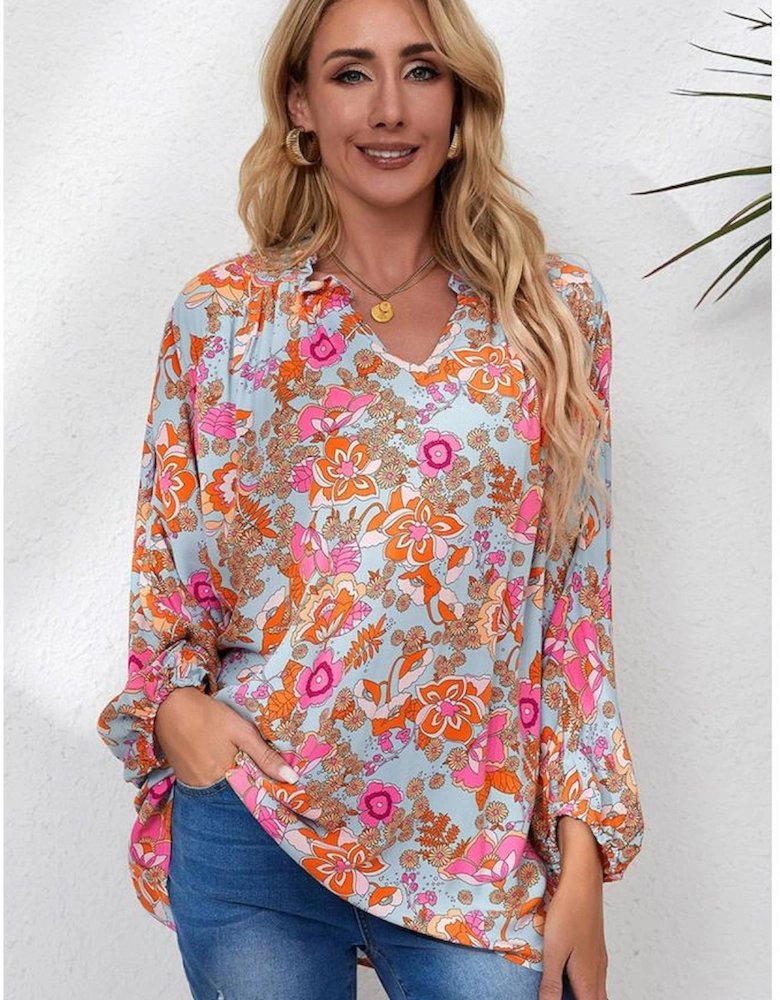 Azura Exchange Floral Print Loose Fit V Neck Blouse