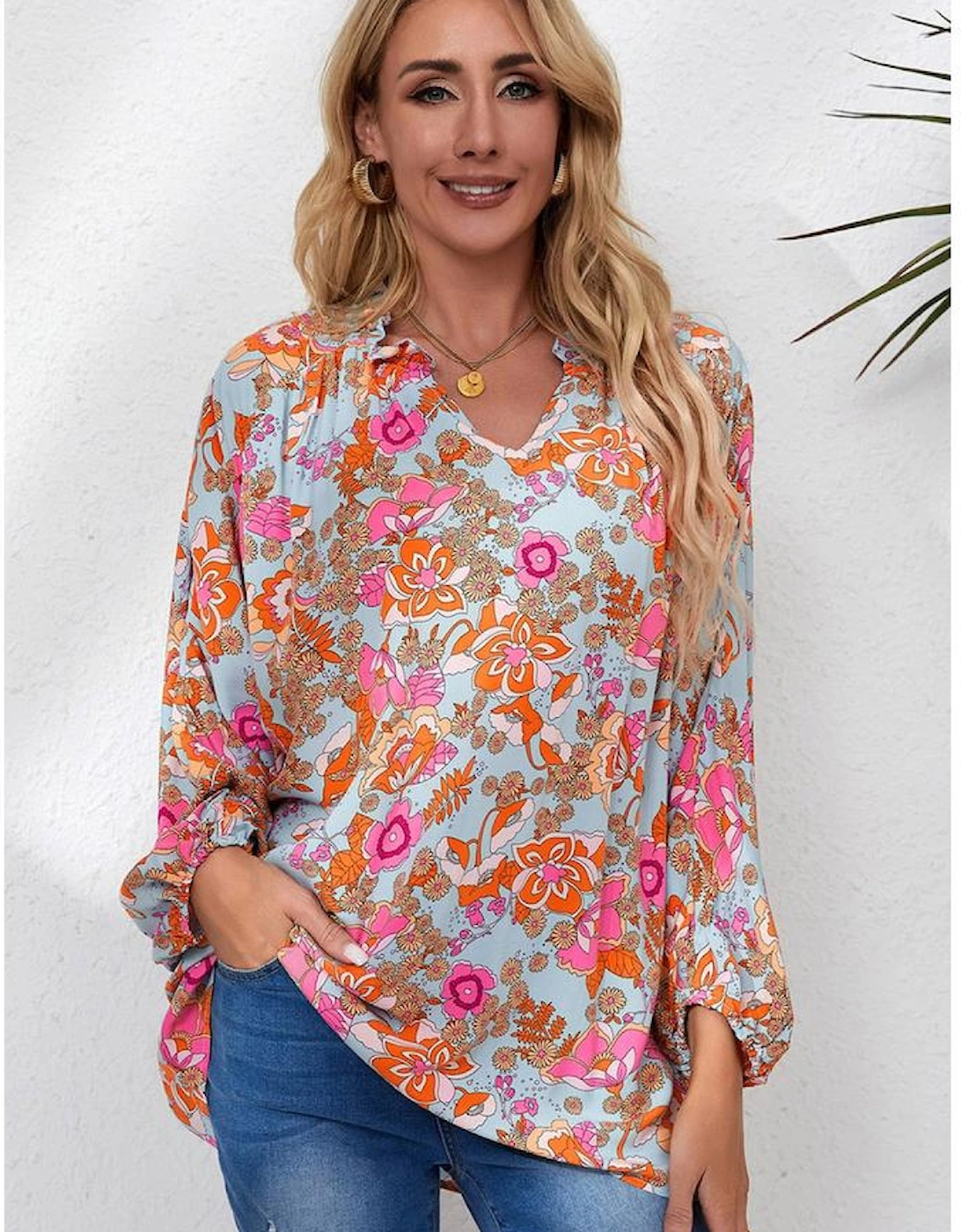 Azura Exchange Floral Print Loose Fit V Neck Blouse