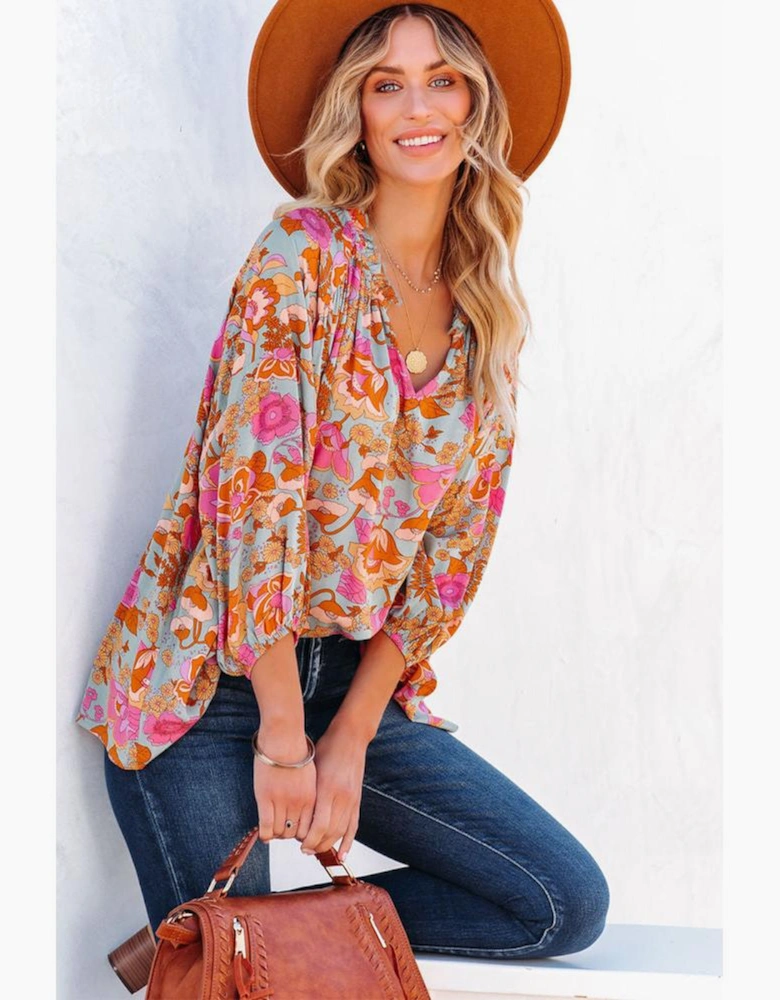 Azura Exchange Floral Print Loose Fit V Neck Blouse