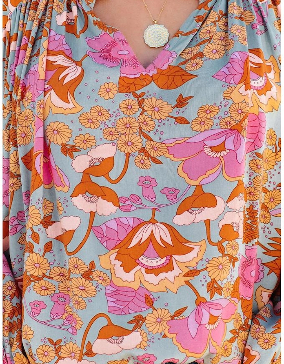 Azura Exchange Floral Print Loose Fit V Neck Blouse