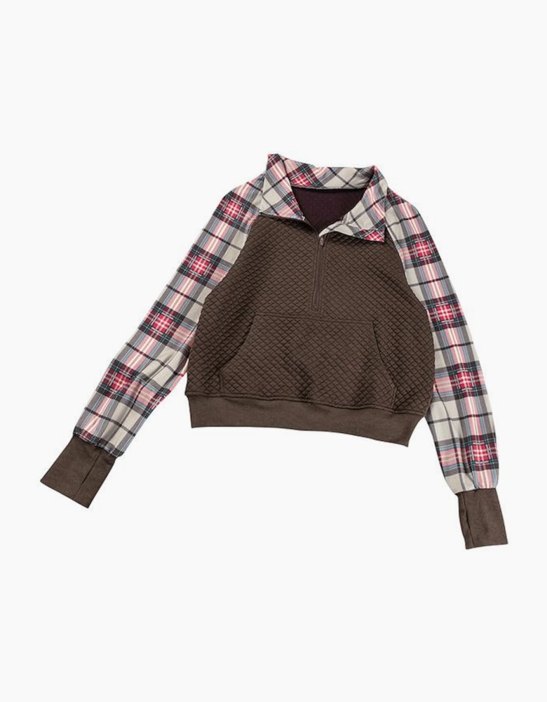 Khaki Printed Plaid Sleeve Patchwork Collared Textured Sweatshirt