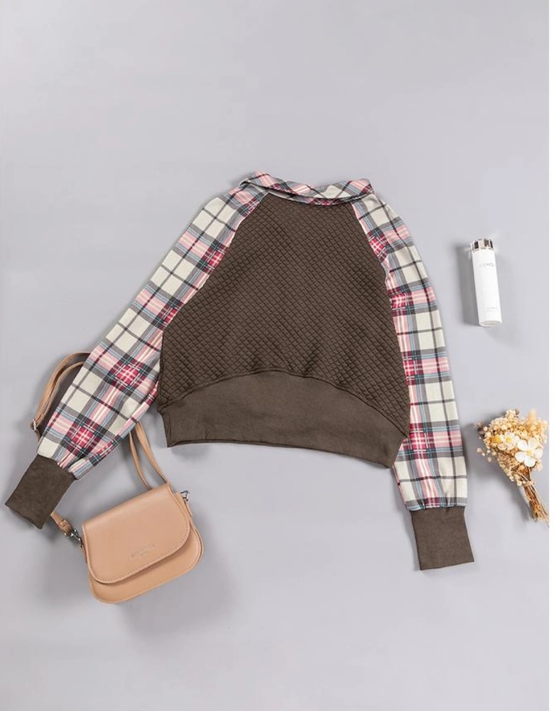 Khaki Printed Plaid Sleeve Patchwork Collared Textured Sweatshirt