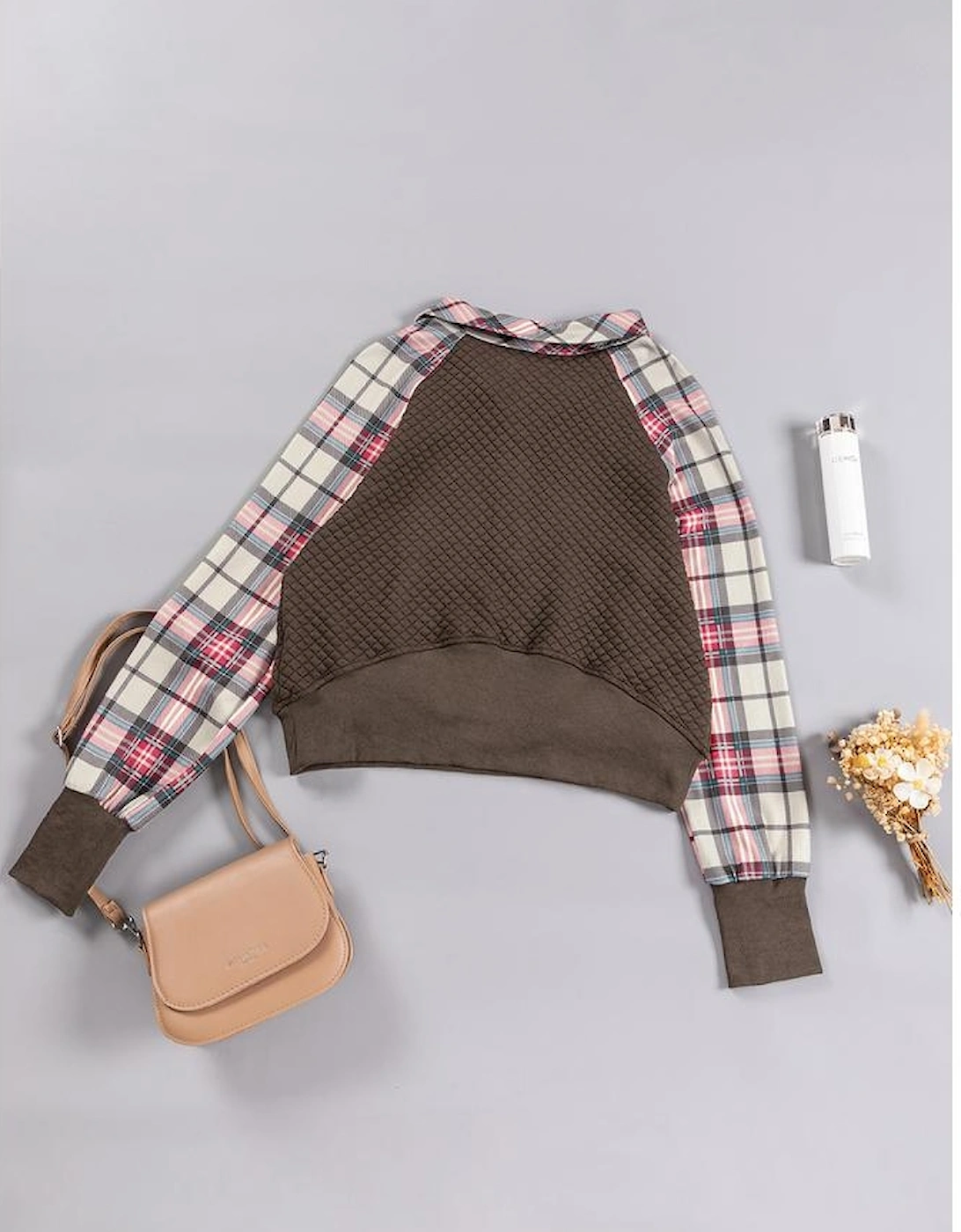 Khaki Printed Plaid Sleeve Patchwork Collared Textured Sweatshirt