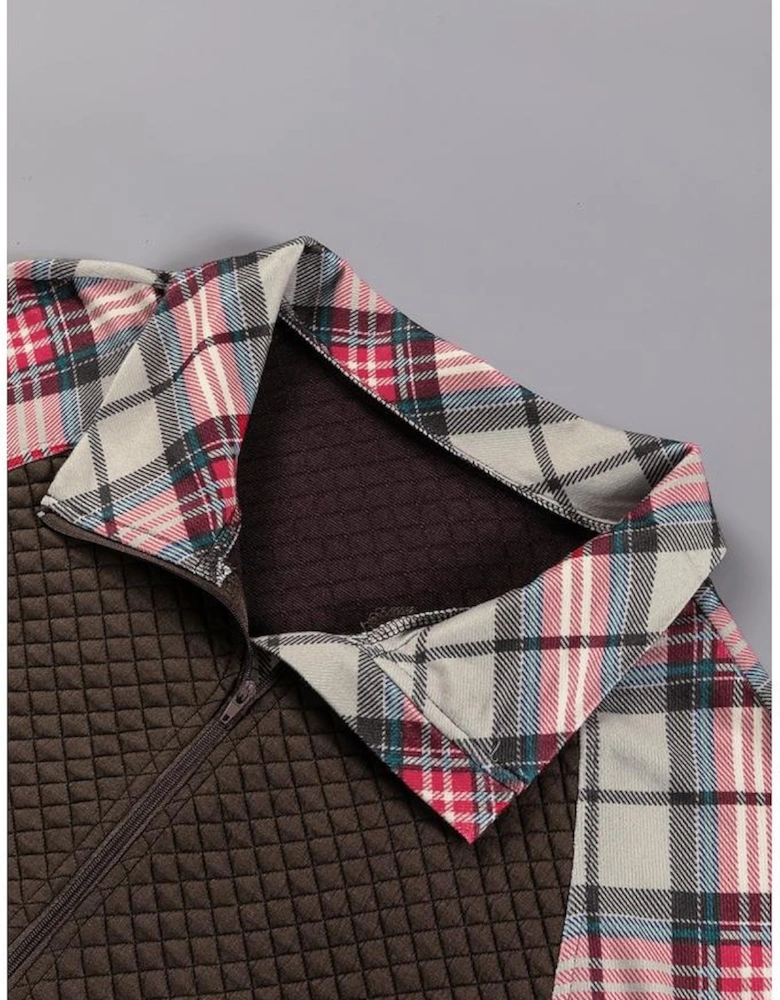 Khaki Printed Plaid Sleeve Patchwork Collared Textured Sweatshirt