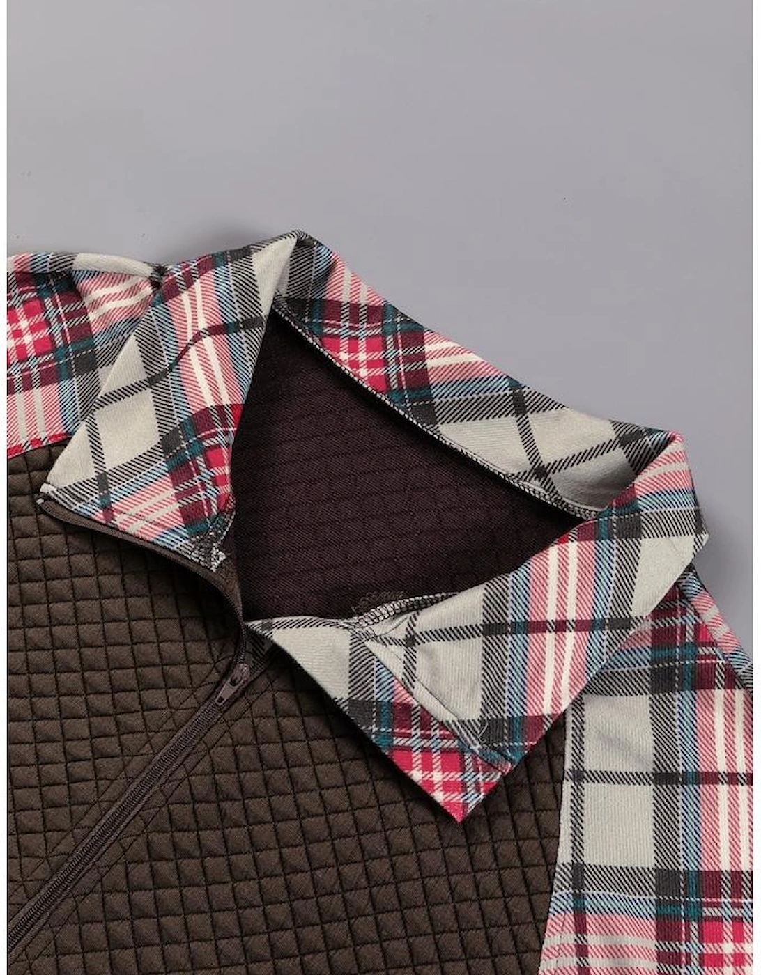 Khaki Printed Plaid Sleeve Patchwork Collared Textured Sweatshirt